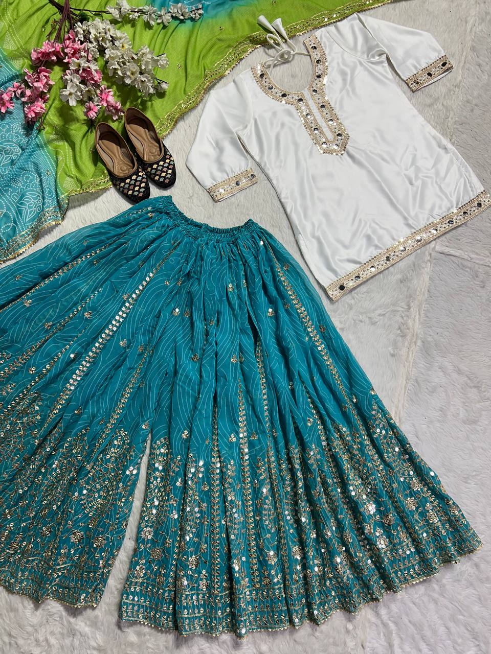 Turquoise & Lime Heritage Sharara Set